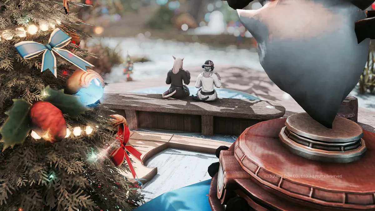 お茶を飲むふたりの後ろ姿